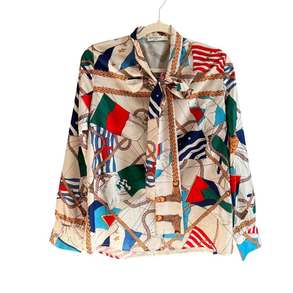 Miss Kelly Antoine Flag Print Button Front Shirt Top Women's Size Large Multicol